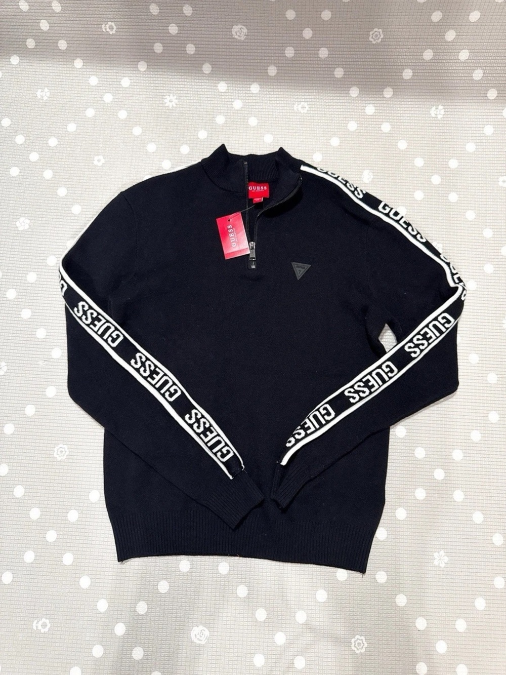 GUESS Men’s Black Zip-Up Sweater with Branded Sleeve Stripes